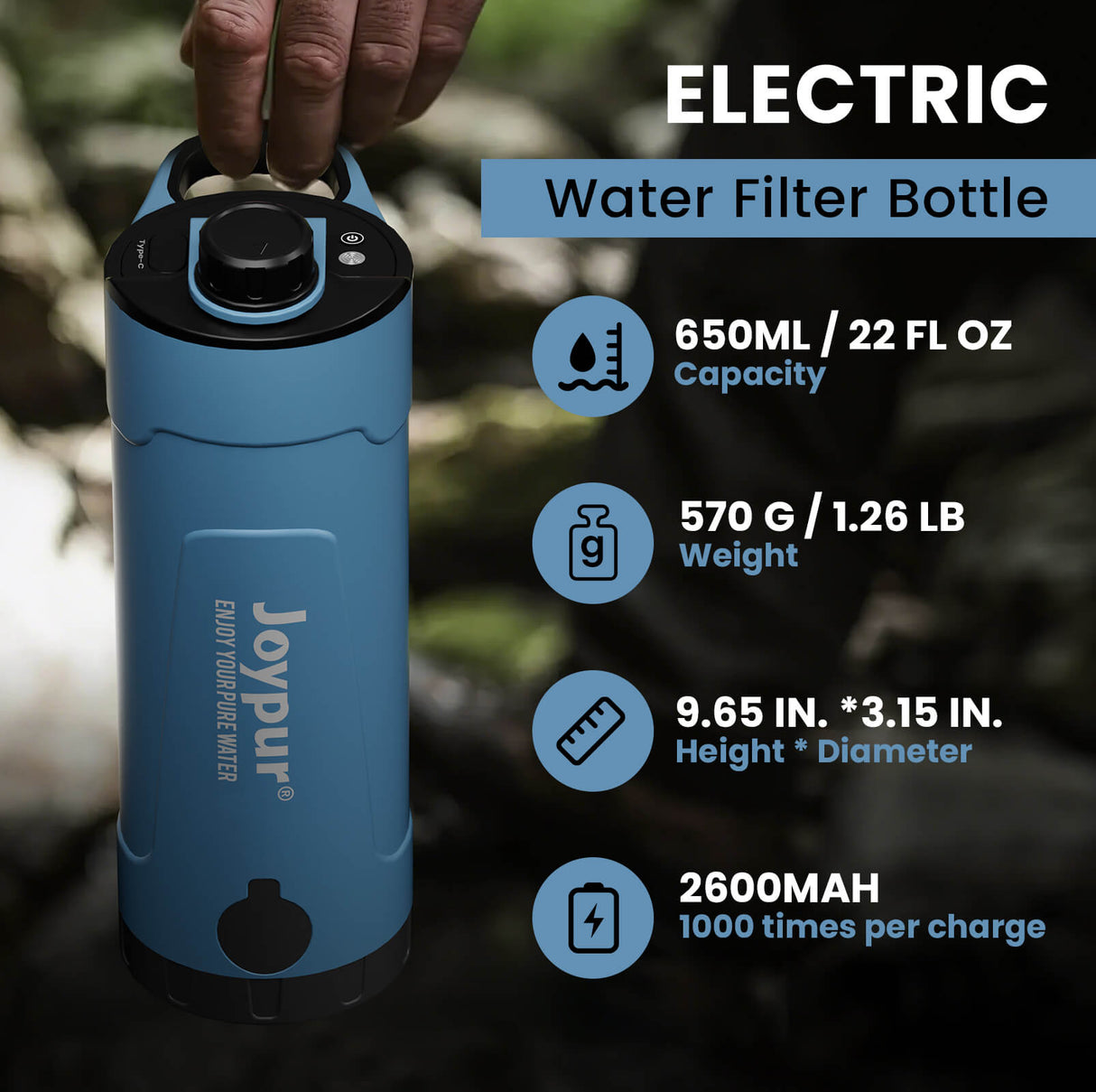 Joypur Portable Electric Water Filter Bottle – 22oz Purifier for Camping, Travel & Everyday Use
